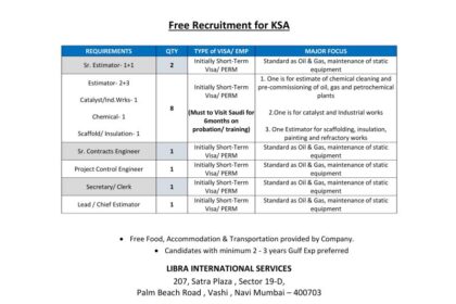 Free Recruitment for KSA: Oil & Gas, Maintenance Jobs