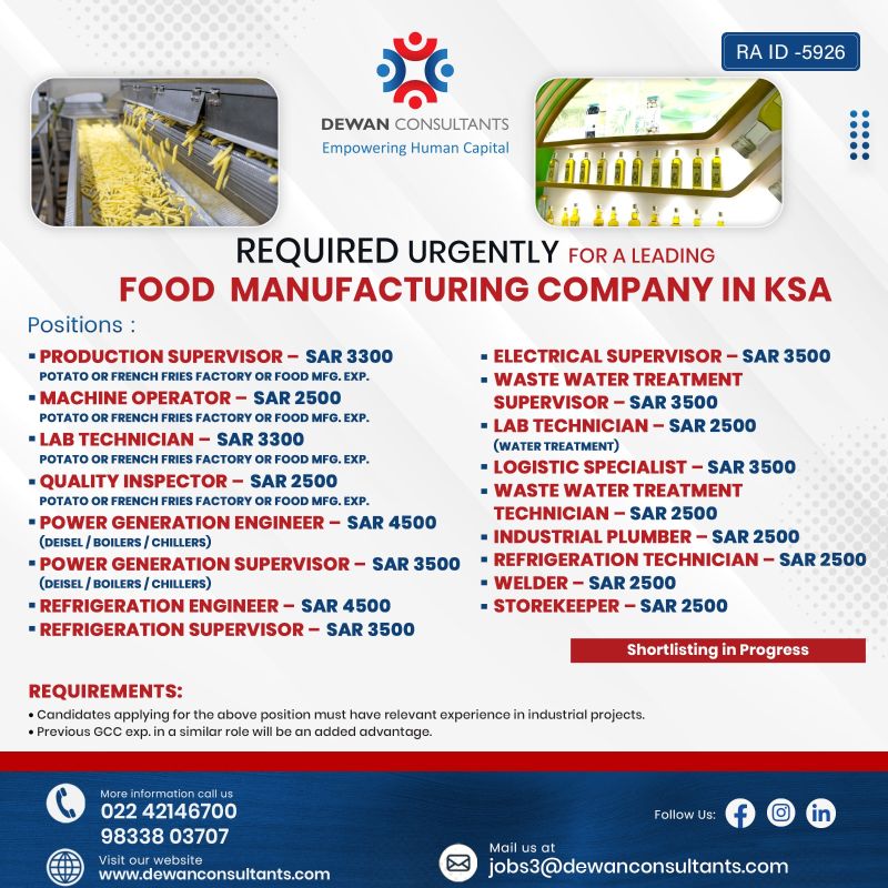 Urgently Hiring for a leading food manufacturing company in KSA!