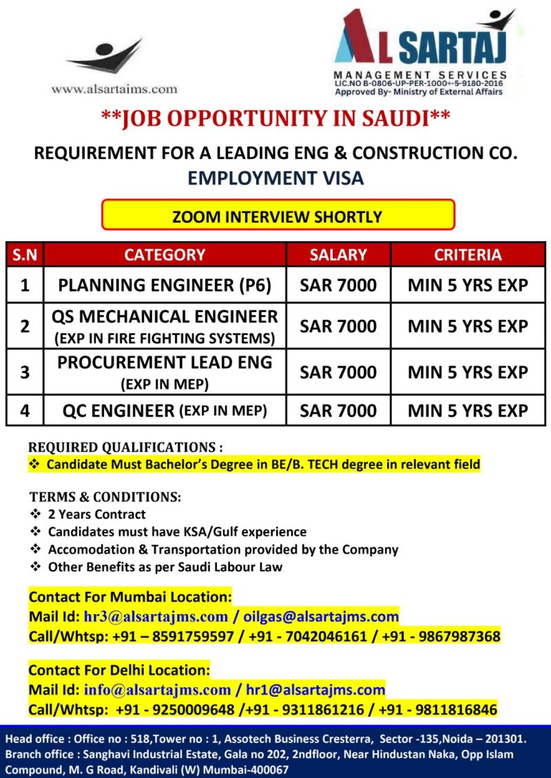 Job Opportunities in Saudi Arabia - Al Sartaj Engineering Jobs