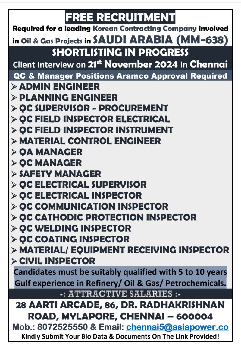 FREE RECRUITMENT - Oil & Gas Projects in Saudi Arabia.