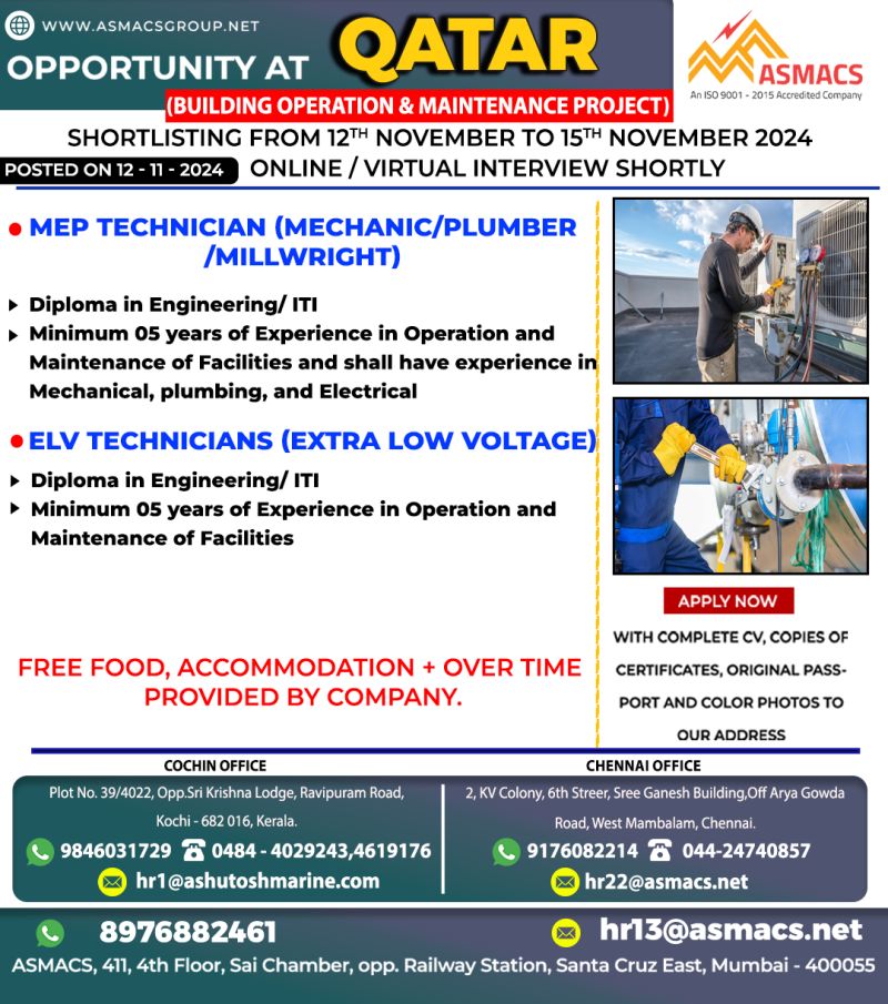 Opportunities at ASMACS Group for Building Operation & Maintenance Project in Qatar