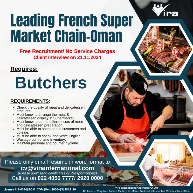 Oman Butcher Job - Free Recruitment for French Supermarket