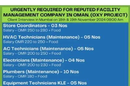 Urgent Job Openings at Reputed Facility Management Company in Oman (OXY Project)