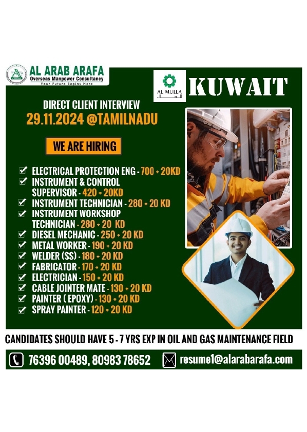 Kuwait: Al Arab Arafa Jobs - Direct Client Interview: 29.11.2024