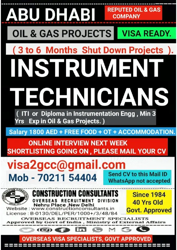 Abu Dhabi Oil & Gas Projects | Instrument Technicians Wanted