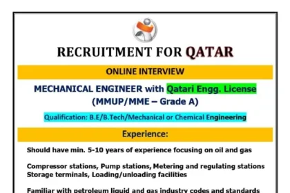 Recruitment for Qatar Online Interview - Mechanical Engineer 