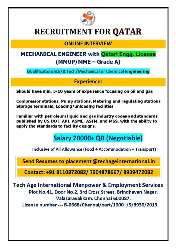 Recruitment for Qatar Online Interview - Mechanical Engineer 