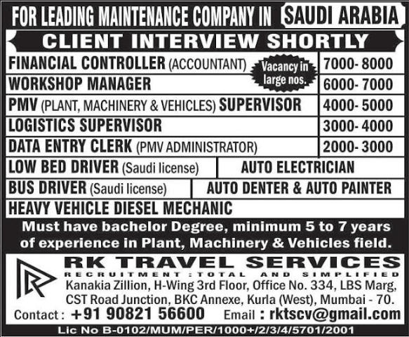 Job Openings for Leading Maintenance Company in Saudi Arabia