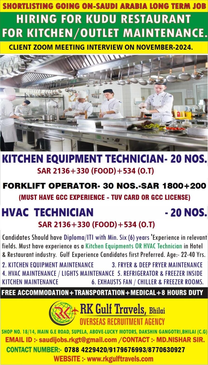 Saudi Arabia Long Term Job Hiring for Kudu Restaurant Kitchen/Outlet Maintenance