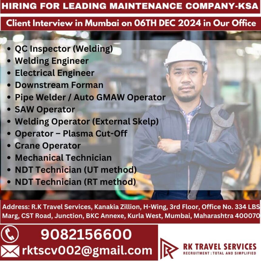 Hiring for Leading Maintenance Company - KSA: Client Interview in Mumbai on 06th Dec 2024