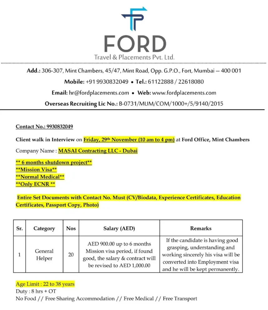 Overseas Opportunities: FORD Travel & Placements Pvt. Ltd.