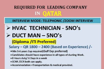 Leading Company in Qatar Hiring: HVAC Technicians and Duct Men