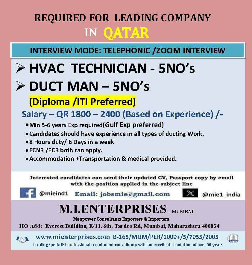 Leading Company in Qatar Hiring: HVAC Technicians and Duct Men