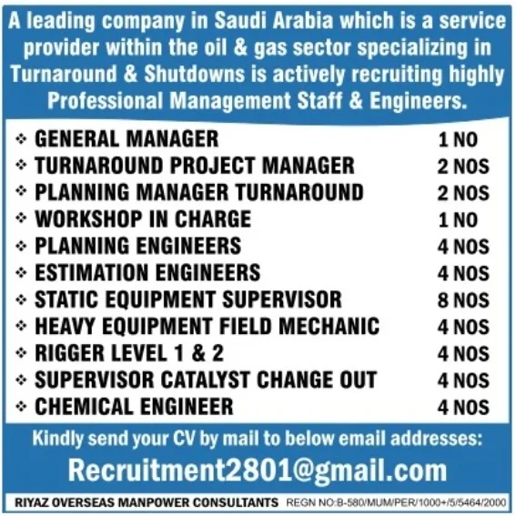 Saudi Arabia Oil & Gas Company Hiring Experienced Management Staff & Engineers