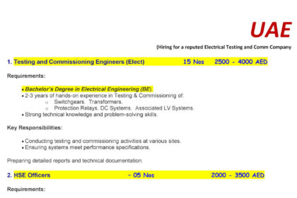 Testing and Commissioning Engineers and HSE Officers Hiring UAE