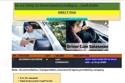 Exciting Career Opportunity: Salesman cum Driver for Leading Saudi Arabian Brand