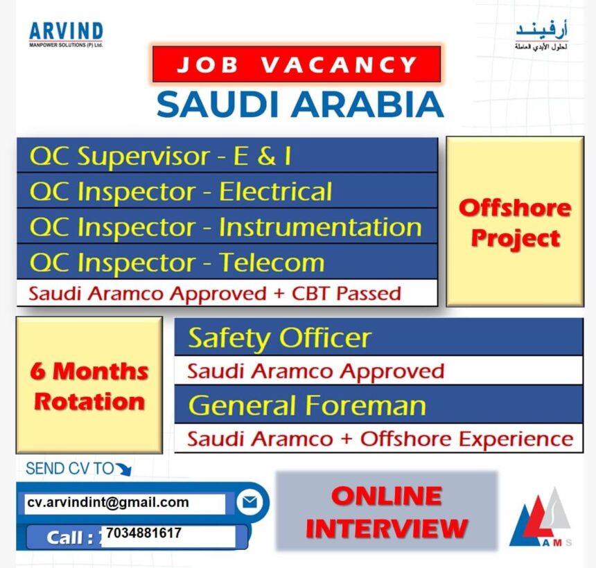 Jobs in Saudi Arabia – QC Supervisor, QC Inspector, and Safety Officer Roles