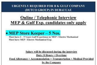 Urgently Required for B K Gulf Company: MEP Store Keepers