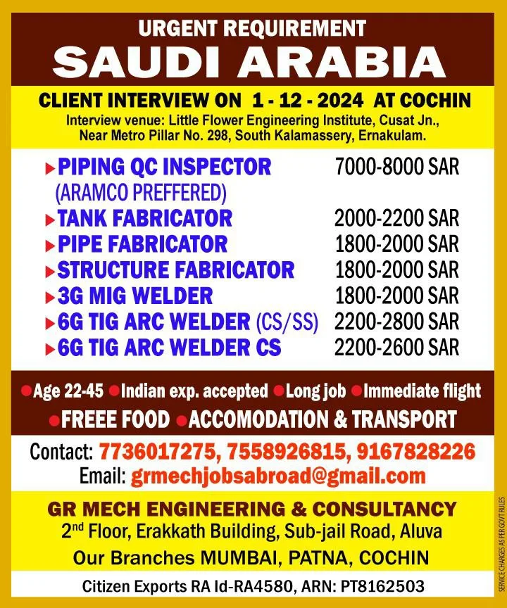 Urgent Requirement: Saudi Arabia Client Interview on 1-12-2024 at Cochin