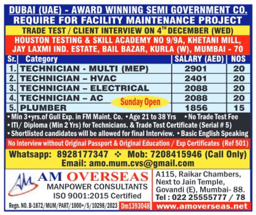 Dubai (UAE) - Award-Winning Semi-Government Co. Requires Facility Maintenance Technicians