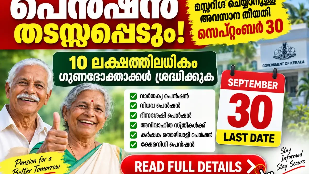 പെൻഷൻ മസ്റ്ററിങ് സെപ്റ്റംബർ 30ന് മുമ്പ് പൂർത്തിയാക്കണം; 10 ലക്ഷത്തിലധികം ഗുണഭോക്താക്കൾ ശ്രദ്ധിക്കുക