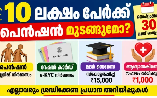 കേരളത്തിലെ സാമൂഹിക സുരക്ഷാ പെൻഷൻ, ക്ഷേമനിധി പെൻഷൻ, റേഷൻ കാർഡ്, ന്യൂനപക്ഷ വിദ്യാർത്ഥി സ്കോളർഷിപ്പ്, ആശ്വാസകിരണം പദ്ധതി എന്നിവയുമായി ബന്ധപ്പെട്ട് ഗുണഭോക്താക്കൾ ശ്രദ്ധിക്കേണ്ട പ്രധാന വിവരങ്ങൾ. പെൻഷൻ മസ്റ്ററിങ് പൂർത്തിയാക്കാത്തവർ സെപ്റ്റംബർ 30ന് മുമ്പ് നടപടി സ്വീകരിക്കണമെന്നാണ് അറിയിപ്പ്. കേരളത്തിലെ വിവിധ സർക്കാർ ആനുകൂല്യങ്ങൾ ലഭിക്കുന്നവർ നിർബന്ധമായും ശ്രദ്ധിക്കേണ്ട നിരവധി കാര്യങ്ങളാണ് ഇപ്പോൾ പുറത്തുവരുന്നത്. സാമൂഹിക സുരക്ഷാ പെൻഷൻ വാങ്ങുന്നവർക്ക് മസ്റ്ററിങ്, റേഷൻ കാർഡ് ഉടമകൾക്ക് e-KYC, ന്യൂനപക്ഷ വിദ്യാർത്ഥികൾക്കുള്ള സ്കോളർഷിപ്പ്, ആശ്വാസകിരണം പദ്ധതിയിലെ ധനസഹായ വർധന തുടങ്ങിയ കാര്യങ്ങളാണ് പ്രധാനമായും ശ്രദ്ധിക്കേണ്ടത്. സാമൂഹിക സുരക്ഷാ പെൻഷൻ: മസ്റ്ററിങ് പൂർത്തിയാക്കണം സാമൂഹിക സുരക്ഷാ പെൻഷനും വിവിധ ക്ഷേമനിധി ബോർഡ് പെൻഷനും ലഭിക്കുന്ന ഗുണഭോക്താക്കൾ മസ്റ്ററിങ് സംബന്ധിച്ച വിവരങ്ങൾ പ്രത്യേകം ശ്രദ്ധിക്കണം. മസ്റ്ററിങ് പൂർത്തിയാക്കാത്ത ഗുണഭോക്താക്കളുടെ പെൻഷൻ തുടർന്നും ലഭിക്കുന്നതിൽ തടസ്സമുണ്ടാകാൻ സാധ്യതയുണ്ടെന്നാണ് ലഭിക്കുന്ന അറിയിപ്പുകൾ. മസ്റ്ററിങ് പൂർത്തിയാക്കുന്നതിനുള്ള അവസാന തീയതി 2026 സെപ്റ്റംബർ 30 ആണെന്നാണ് നൽകിയ വിവരങ്ങളിൽ പറയുന്നത്. അതുകൊണ്ട് പെൻഷൻ ഗുണഭോക്താക്കൾ ആധാർ കാർഡുമായി അടുത്തുള്ള അക്ഷയ കേന്ദ്രത്തിലെത്തി മസ്റ്ററിങ് പൂർത്തിയാക്കുന്നത് പ്രധാനമാണ്. കിടപ്പുരോഗികൾക്ക് ഹോം മസ്റ്ററിങ് കിടപ്പുരോഗികളായ പെൻഷൻ ഗുണഭോക്താക്കൾക്ക് അക്ഷയ കേന്ദ്രത്തിൽ നേരിട്ട് എത്താൻ കഴിയാത്ത സാഹചര്യത്തിൽ ഹോം മസ്റ്ററിങ് സംവിധാനത്തിന്റെ സഹായം തേടാം. ഇതിനായി ആവശ്യമായ വിവരങ്ങൾ അക്ഷയ കേന്ദ്രത്തിൽ അറിയിക്കേണ്ടതാണ്. മസ്റ്ററിങ് സംബന്ധിച്ച ഏറ്റവും പുതിയ നിർദേശങ്ങൾക്കായി ഔദ്യോഗിക പെൻഷൻ പോർട്ടലിലെയും സർക്കാർ അറിയിപ്പുകളിലെയും വിവരങ്ങൾ പരിശോധിക്കുക. റേഷൻ കാർഡ് ഉടമകളും ശ്രദ്ധിക്കണം BPL, AAY തുടങ്ങിയ വിഭാഗങ്ങളിലുള്ള റേഷൻ കാർഡ് ഉടമകൾ റേഷൻ കാർഡുമായി ബന്ധപ്പെട്ട വിവരങ്ങൾ കൃത്യമാണെന്ന് ഉറപ്പാക്കണം. പ്രത്യേകിച്ച്: ആധാർ വിവരങ്ങൾ ബന്ധിപ്പിച്ചിട്ടുണ്ടോ സജീവമായ മൊബൈൽ നമ്പർ നൽകിയിട്ടുണ്ടോ e-KYC പൂർത്തിയാക്കിയിട്ടുണ്ടോ കുടുംബാംഗങ്ങളുടെ വിവരങ്ങൾ ശരിയാണോ എന്നിവ പരിശോധിക്കുന്നത് പ്രധാനമാണ്. റേഷൻ കാർഡുമായി ബന്ധപ്പെട്ട പരിശോധനകളും e-KYC നടപടികളും സംബന്ധിച്ച് സർക്കാർ പുതിയ നിർദേശങ്ങൾ പുറപ്പെടുവിക്കുന്ന സാഹചര്യത്തിൽ ഔദ്യോഗിക അറിയിപ്പുകൾ മാത്രം അടിസ്ഥാനമാക്കി നടപടി സ്വീകരിക്കുക. ന്യൂനപക്ഷ വിദ്യാർത്ഥികൾക്ക് മദർ തെരേസ സ്കോളർഷിപ്പ് കേരളത്തിലെ ന്യൂനപക്ഷ വിഭാഗങ്ങളിൽപ്പെടുന്ന വിദ്യാർത്ഥികൾക്ക് ലഭിക്കുന്ന മദർ തെരേസ സ്കോളർഷിപ്പ് സംബന്ധിച്ചും പ്രധാന വിവരങ്ങൾ പുറത്തുവന്നിട്ടുണ്ട്. നഴ്സിങ്, ഡിപ്ലോമ, പാരാമെഡിക്കൽ ഡിപ്ലോമ തുടങ്ങിയ കോഴ്സുകൾ പഠിക്കുന്ന അർഹരായ വിദ്യാർത്ഥികൾക്ക് പ്രതിവർഷം ₹15,000 വരെ സ്കോളർഷിപ്പ് ലഭിക്കുന്ന പദ്ധതിയെക്കുറിച്ചാണ് അറിയിപ്പ്. 2026–27 സാമ്പത്തിക വർഷത്തെ സ്കോളർഷിപ്പ് വിതരണത്തിനായി തുക അനുവദിച്ചതായും നൽകിയ വിവരങ്ങളിൽ പറയുന്നു. സ്കോളർഷിപ്പ് ലഭിക്കുന്ന വിദ്യാർത്ഥികളുടെ ബാങ്ക് അക്കൗണ്ടിലേക്ക് തുക നേരിട്ട് ക്രെഡിറ്റ് ചെയ്യുന്ന രീതിയിലാണ് പദ്ധതി നടപ്പാക്കുന്നത്. ആശ്വാസകിരണം പദ്ധതിയിൽ ധനസഹായം വർധിപ്പിച്ചോ? കേരളത്തിലെ ഗുരുതരമായ ആരോഗ്യപരിമിതികൾ നേരിടുന്ന വ്യക്തികളെ പരിചരിക്കുന്നവർക്ക് സഹായം നൽകുന്ന ആശ്വാസകിരണം പദ്ധതി സംബന്ധിച്ചും പ്രധാന അറിയിപ്പാണ് നൽകിയിരിക്കുന്നത്. നൽകിയ വിവരങ്ങൾ പ്രകാരം, പദ്ധതിയിൽ ലഭിച്ചിരുന്ന ₹600 പ്രതിമാസ സഹായം ₹1,000 ആയി വർധിപ്പിച്ചതായി അറിയിപ്പിൽ പറയുന്നു. കിടപ്പുരോഗികൾ, ക്യാൻസർ രോഗികൾ, ഓട്ടിസം, സെറിബ്രൽ പാൾസി തുടങ്ങിയ അവസ്ഥകൾ മൂലം സ്ഥിരമായി പരിചരണം ആവശ്യമായ വ്യക്തികളെ പരിചരിക്കുന്നവർക്ക് പദ്ധതിയുടെ ആനുകൂല്യം ലഭിക്കുന്നതാണ്. പദ്ധതി പുതുക്കൽ, ലൈഫ് സർട്ടിഫിക്കറ്റ് തുടങ്ങിയ നടപടികൾ പൂർത്തിയാക്കിയ അർഹരായ ഗുണഭോക്താക്കൾക്കാണ് പുതുക്കിയ ആനുകൂല്യം ലഭിക്കുക എന്നാണ് നൽകിയ വിവരങ്ങളിൽ പറയുന്നത്. ഗുണഭോക്താക്കൾ ചെയ്യേണ്ടത് എന്തൊക്കെ? നിലവിലെ അറിയിപ്പുകൾ പ്രകാരം വിവിധ ആനുകൂല്യങ്ങൾ ലഭിക്കുന്നവർ താഴെ പറയുന്ന കാര്യങ്ങൾ പരിശോധിക്കുന്നത് നല്ലതാണ്. പെൻഷൻ ഗുണഭോക്താക്കൾ: മസ്റ്ററിങ് പൂർത്തിയായോ എന്ന് പരിശോധിക്കുക. പൂർത്തിയായിട്ടില്ലെങ്കിൽ അക്ഷയ കേന്ദ്രവുമായി ബന്ധപ്പെടുക. കിടപ്പുരോഗികൾ ഹോം മസ്റ്ററിങ് സൗകര്യം അന്വേഷിക്കുക. റേഷൻ കാർഡ് ഉടമകൾ: e-KYC സ്റ്റാറ്റസ് പരിശോധിക്കുക. ആധാർ ബന്ധിപ്പിച്ചിട്ടുണ്ടോ എന്ന് ഉറപ്പാക്കുക. മൊബൈൽ നമ്പർ അപ്ഡേറ്റ് ചെയ്തിട്ടുണ്ടോ പരിശോധിക്കുക. വിദ്യാർത്ഥികൾ: മദർ തെരേസ സ്കോളർഷിപ്പിന്റെ യോഗ്യതയും അപേക്ഷാ തീയതിയും പരിശോധിക്കുക. ഔദ്യോഗിക ന്യൂനപക്ഷ ക്ഷേമ വകുപ്പ് അറിയിപ്പുകൾ പിന്തുടരുക. ആശ്വാസകിരണം ഗുണഭോക്താക്കൾ: പദ്ധതിയുടെ പുതുക്കൽ പൂർത്തിയാക്കിയിട്ടുണ്ടോ പരിശോധിക്കുക. ലൈഫ് സർട്ടിഫിക്കറ്റ് ഉൾപ്പെടെയുള്ള ആവശ്യമായ രേഖകൾ സമർപ്പിച്ചിട്ടുണ്ടോ ഉറപ്പാക്കുക. പ്രധാന കുറിപ്പ്: പെൻഷൻ, റേഷൻ കാർഡ്, സ്കോളർഷിപ്പ്, ആശ്വാസകിരണം തുടങ്ങിയ പദ്ധതികളിലെ തീയതി, തുക, യോഗ്യത, നടപടിക്രമങ്ങൾ സർക്കാർ ഉത്തരവുകൾ അനുസരിച്ച് മാറാം. അതിനാൽ അന്തിമമായി ബന്ധപ്പെട്ട സർക്കാർ വകുപ്പിന്റെ ഔദ്യോഗിക അറിയിപ്പ് പരിശോധിച്ച ശേഷം മാത്രം നടപടി സ്വീകരിക്കുക.