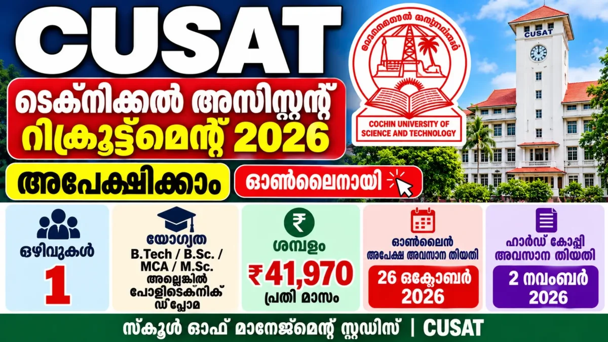 CUSAT Technical Assistant Recruitment 2026: Apply Online for Technical Assistant Post, Eligibility, Salary & Last Date