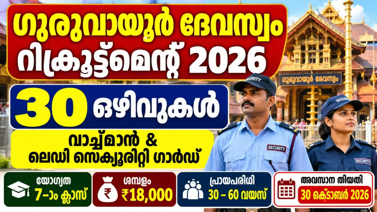Guruvayur Devaswom Recruitment 2026: Apply Offline for 30 Watchman & Guard Posts | Eligibility, Salary & Last Date